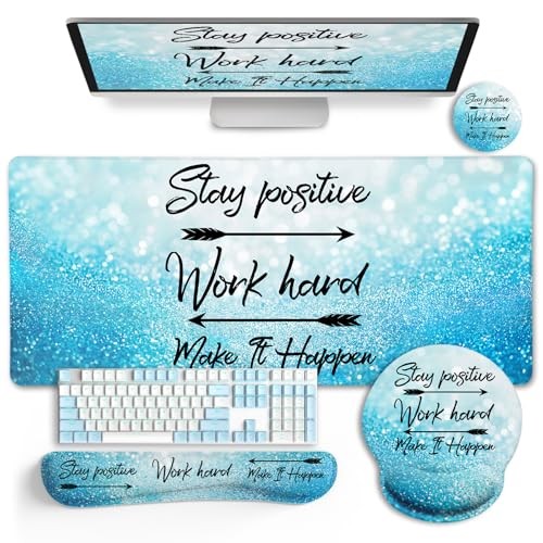 Desk Mat Pad Set, Large Mouse Pad with Wrist Rest, Stay Positive