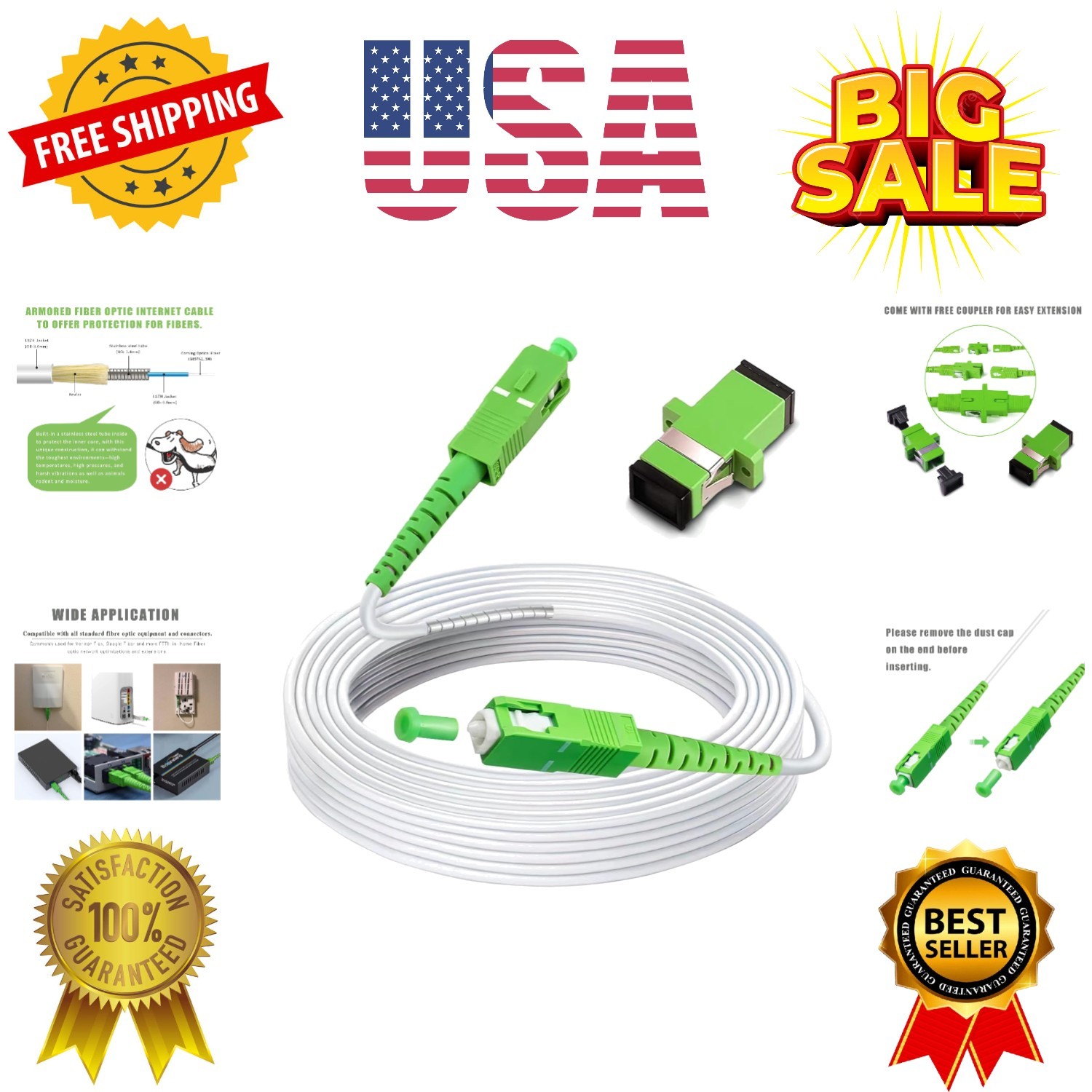 30ft 10 Meters SC/APC to SC/APC Fiber Optic Internet Cable, Armored Single Mo...
