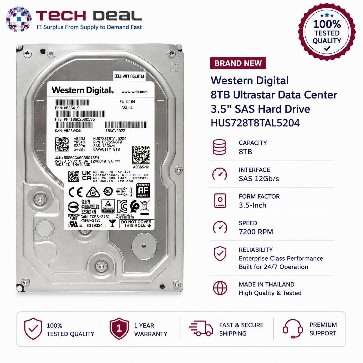New Western Digital Ultrastar 8TB 3.5" SAS 12Gb/s 7200RPM HDD HUS728T8TAL5204