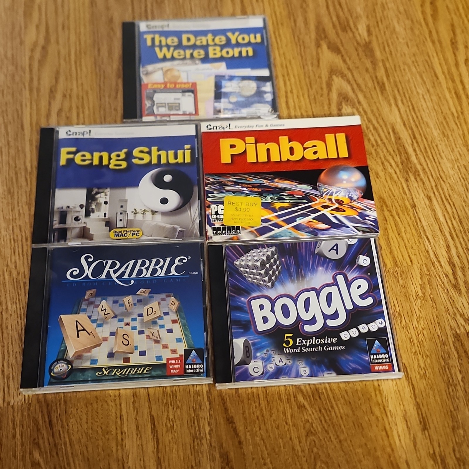 Snap PC CD-ROM Software Lot of 5: Scrabble, Boggle, Feng Shui, Pinball, Date