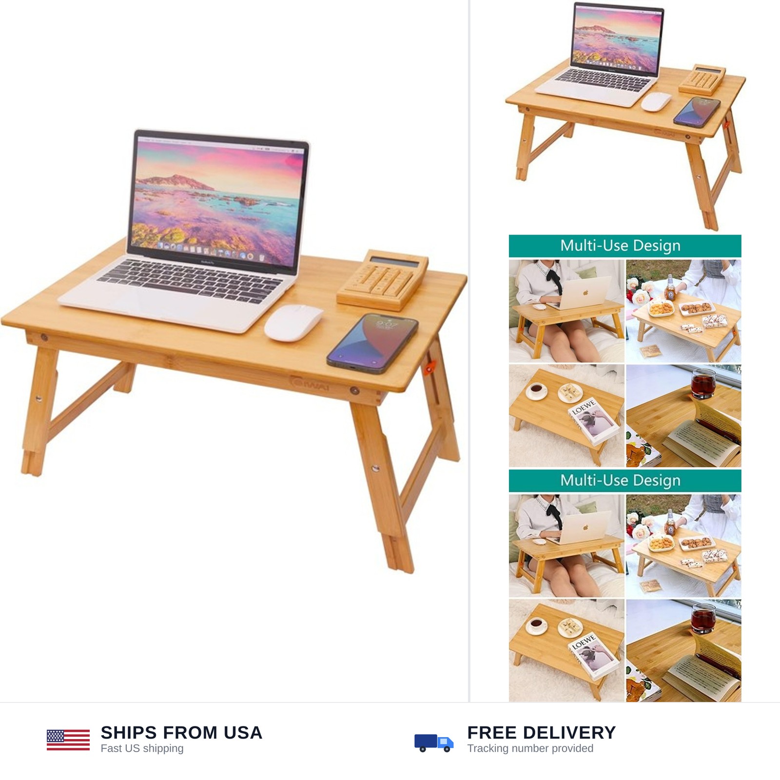 Bamboo Lap Desk Bed Table Adjustable Height Foldable Portable Breakfast Tray