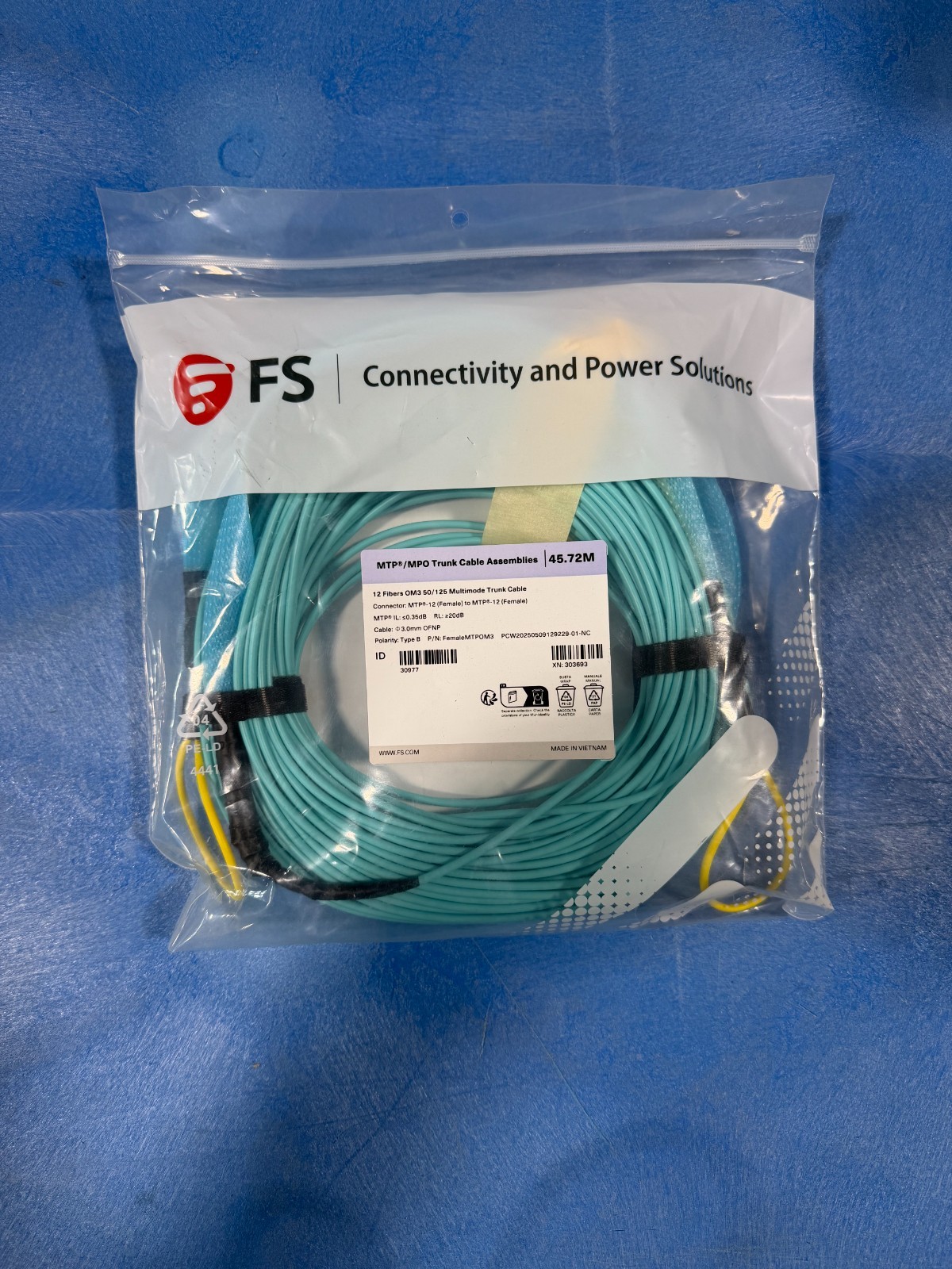 FS 12F OM3 MTP/MPO Female Trunk Fiber Cable 45.72m Type B OFNP