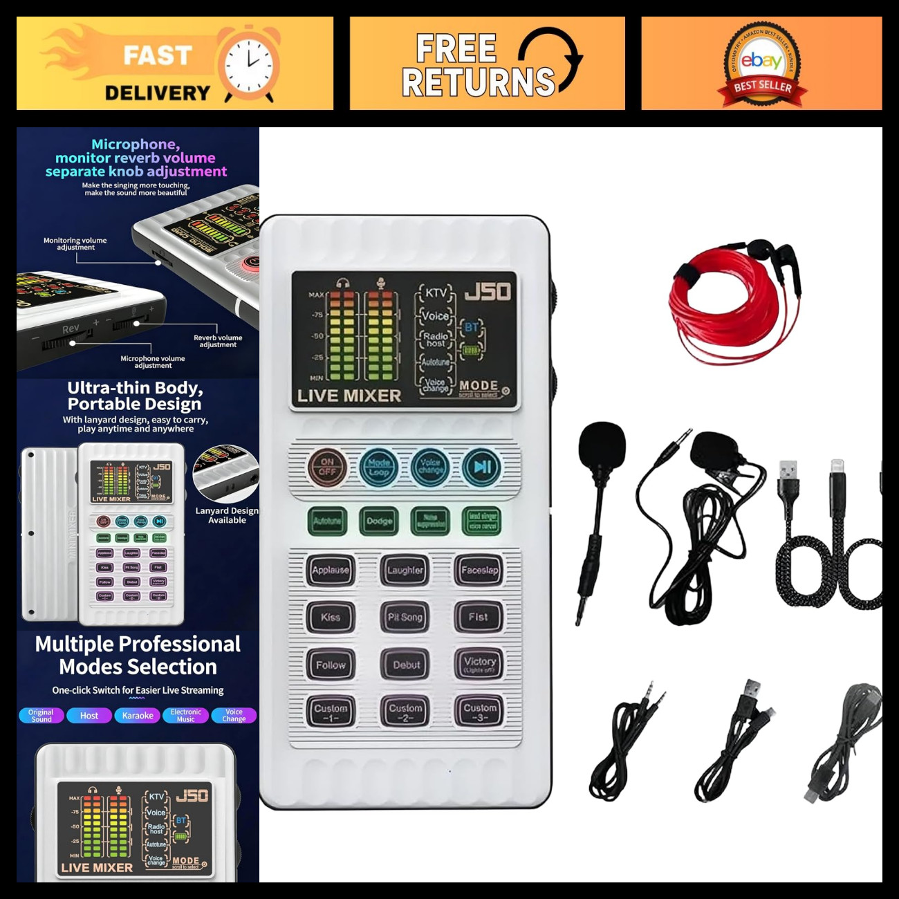 Portable Live Sound Card with Noise Reduction, 5 Voice Changers & 12 Effects - P