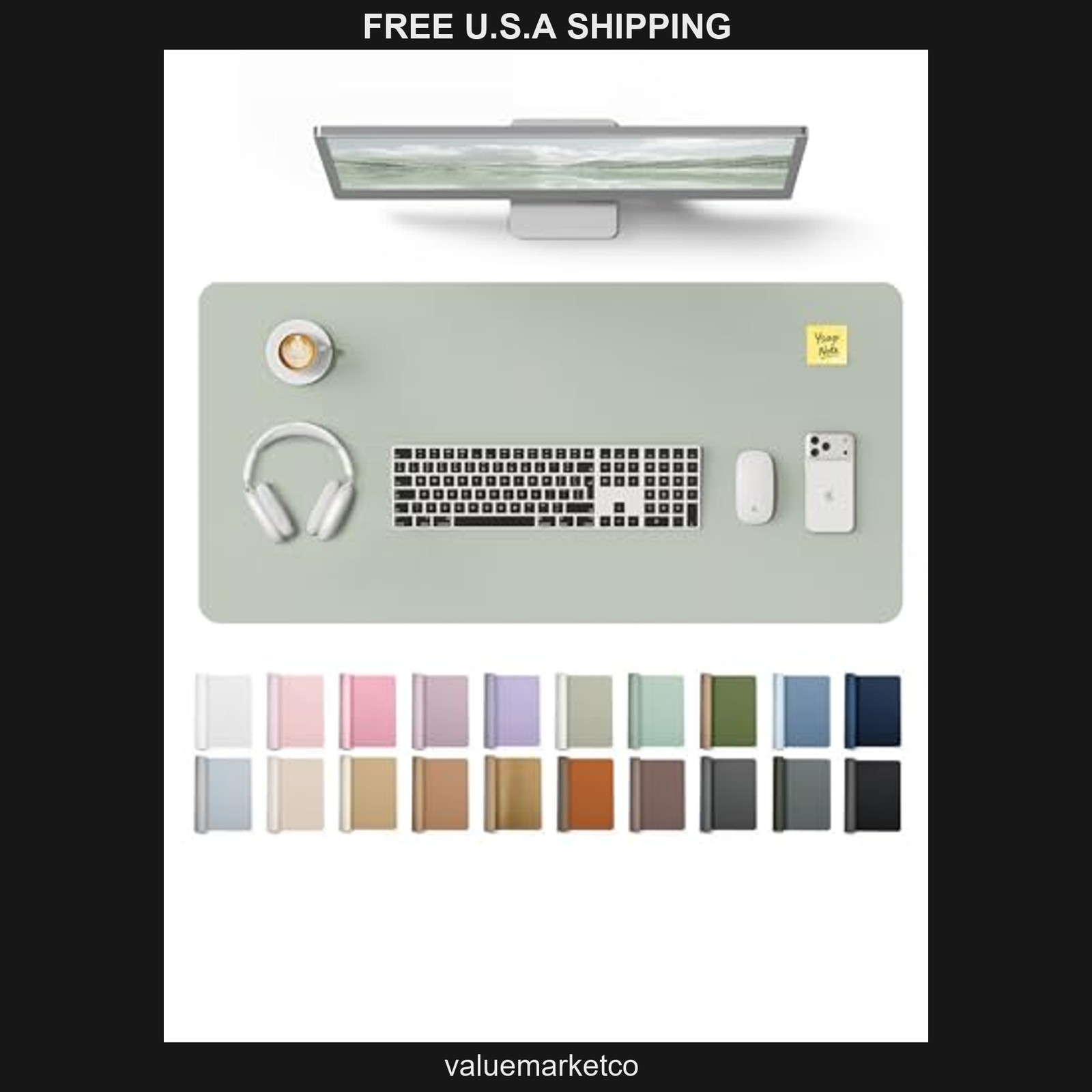 YSAGi PU Leather Desk Protector, 31.5 x 15.8 Inch Non-Slip Office Mat, Green