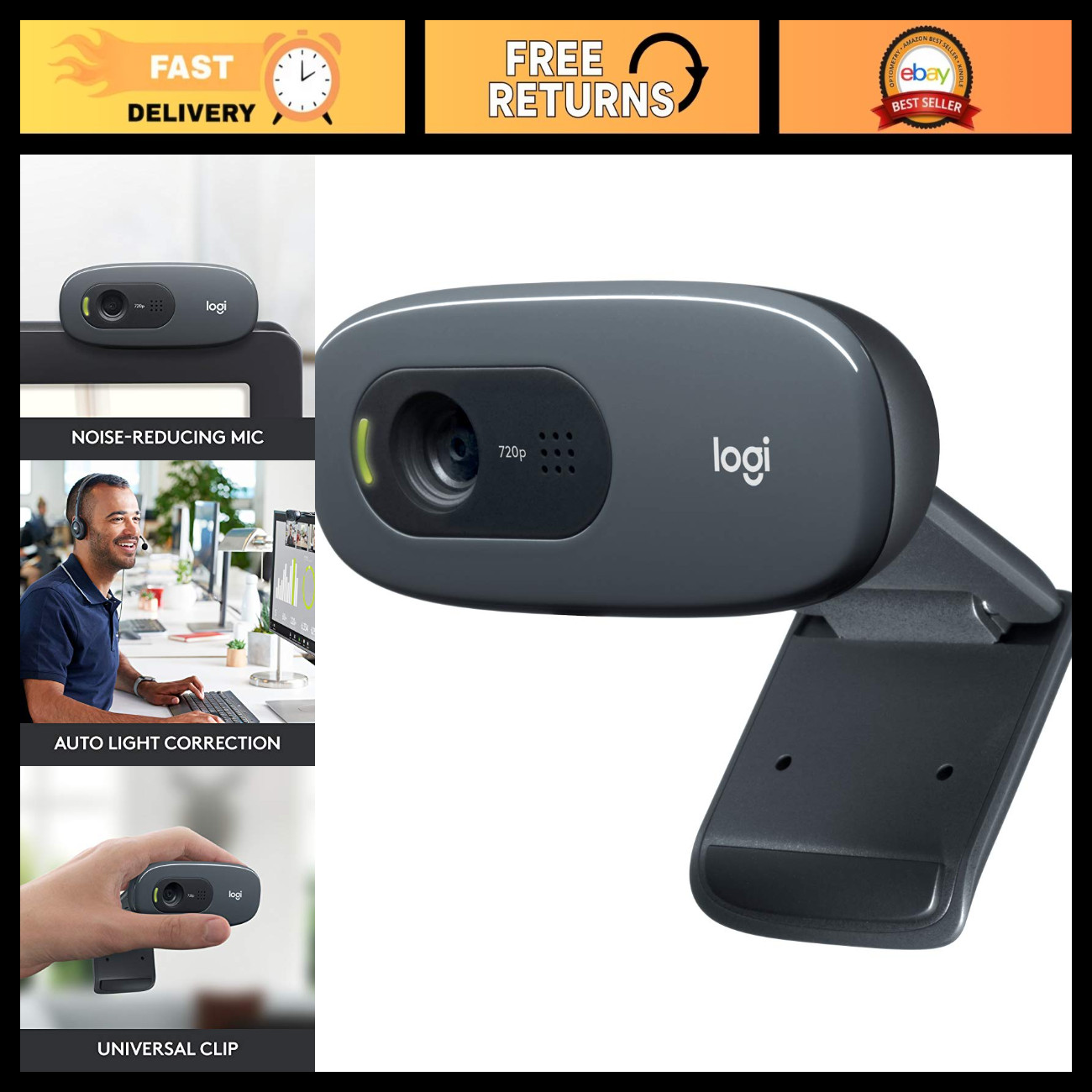 720p HD Webcam for Video Calling, Plug-and-Play, Wide Screen, USB Compatible - B