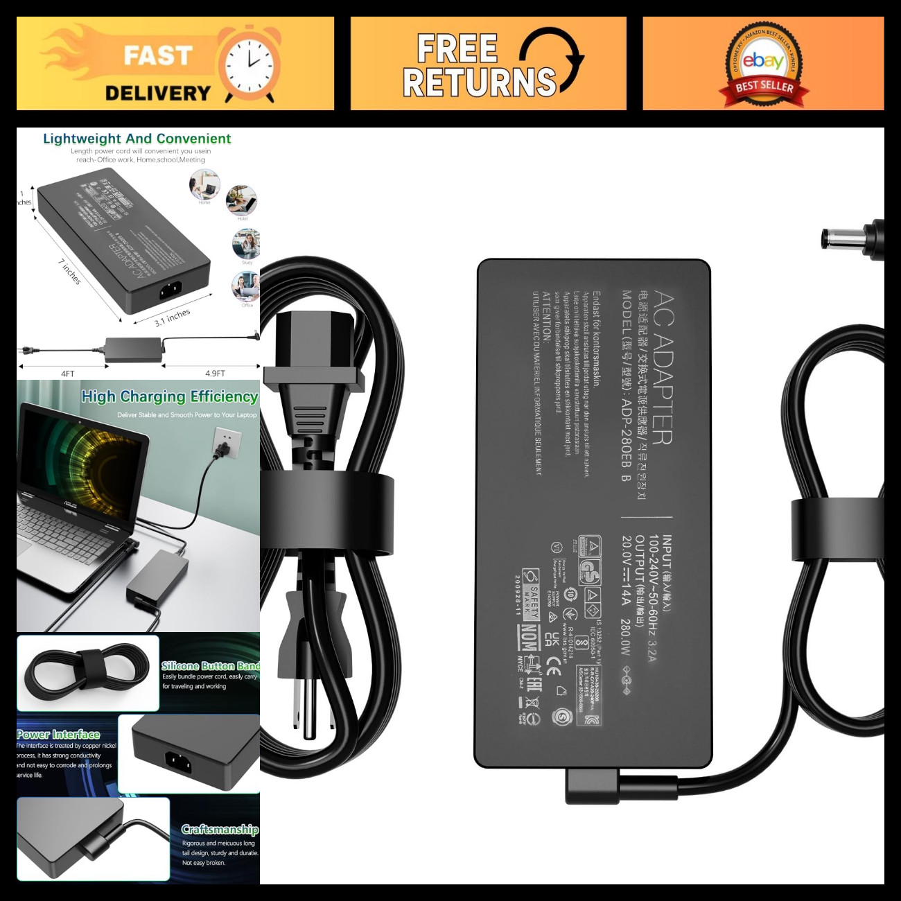 280W 20V AC Charger Power Supply for Asus ROG Strix G15 G17 Gaming Laptop Adapte