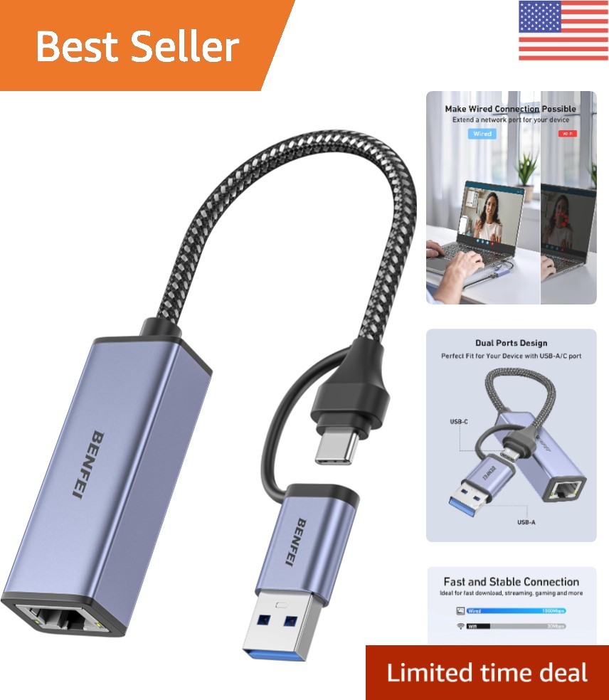 Versatile USB to Ethernet Adapter, 1000 Mbps for Chromebook, Mac & Windows