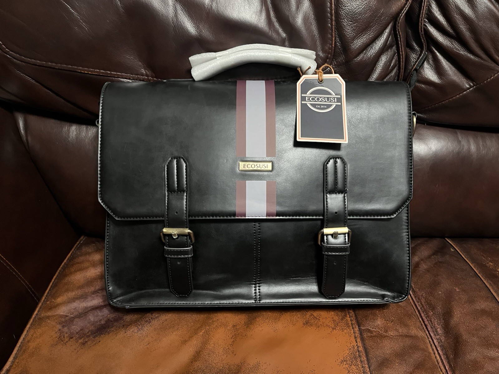ECOSUSI Black Leather Briefcase Laptop Bag, Striped Pattern, Business Style