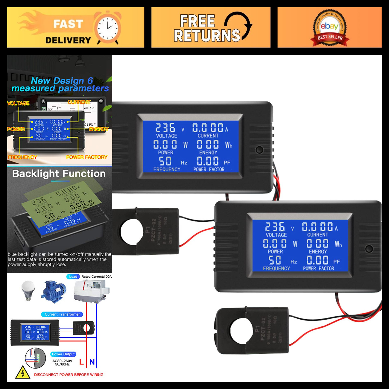 Digital Power Monitor 100A AC 80-260V LCD Split-Core Current Transformer 2-Pack
