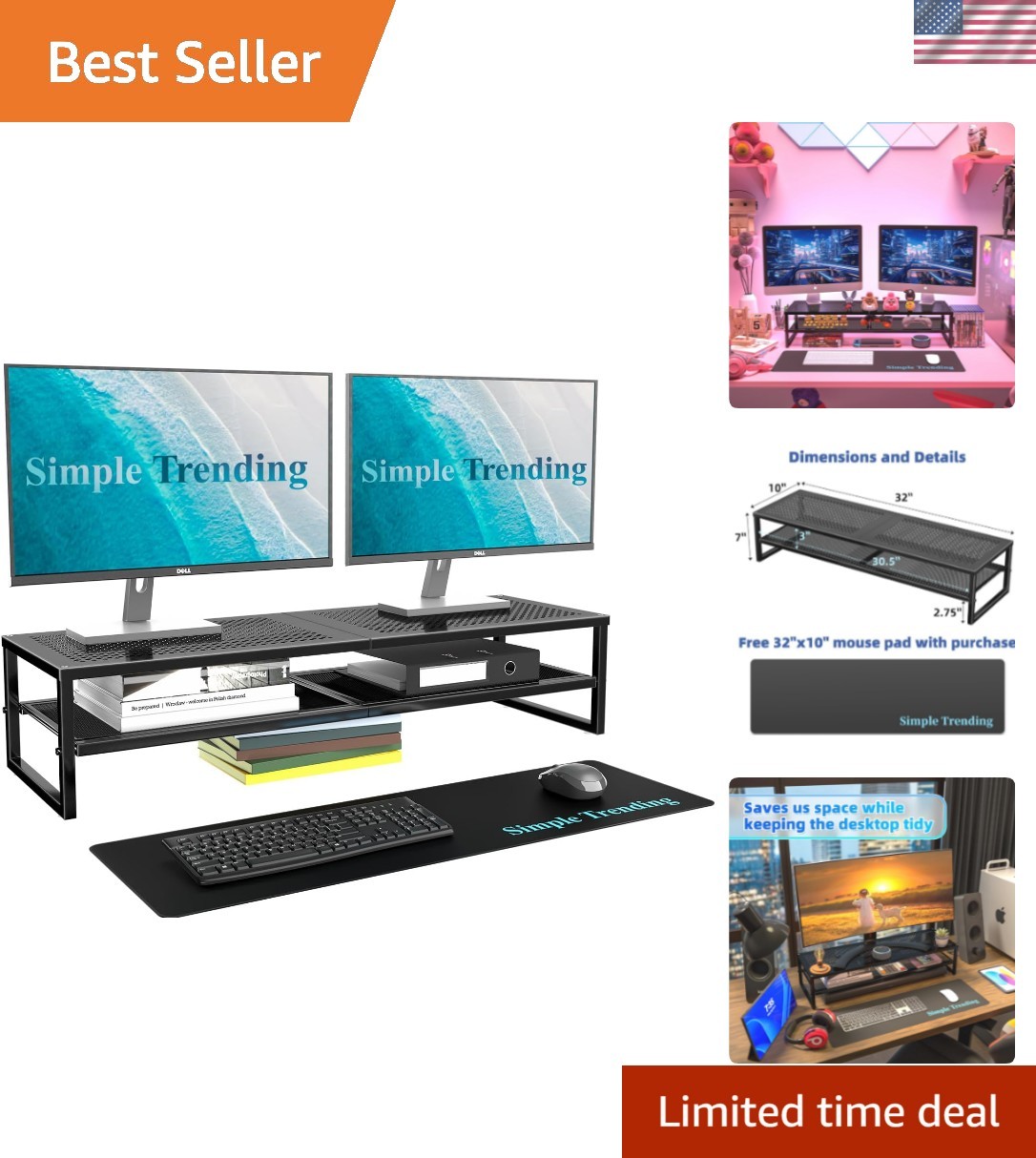 2 Tier Metal Dual Monitor Stand Riser,Computer Office Desktop Organizer for 2...