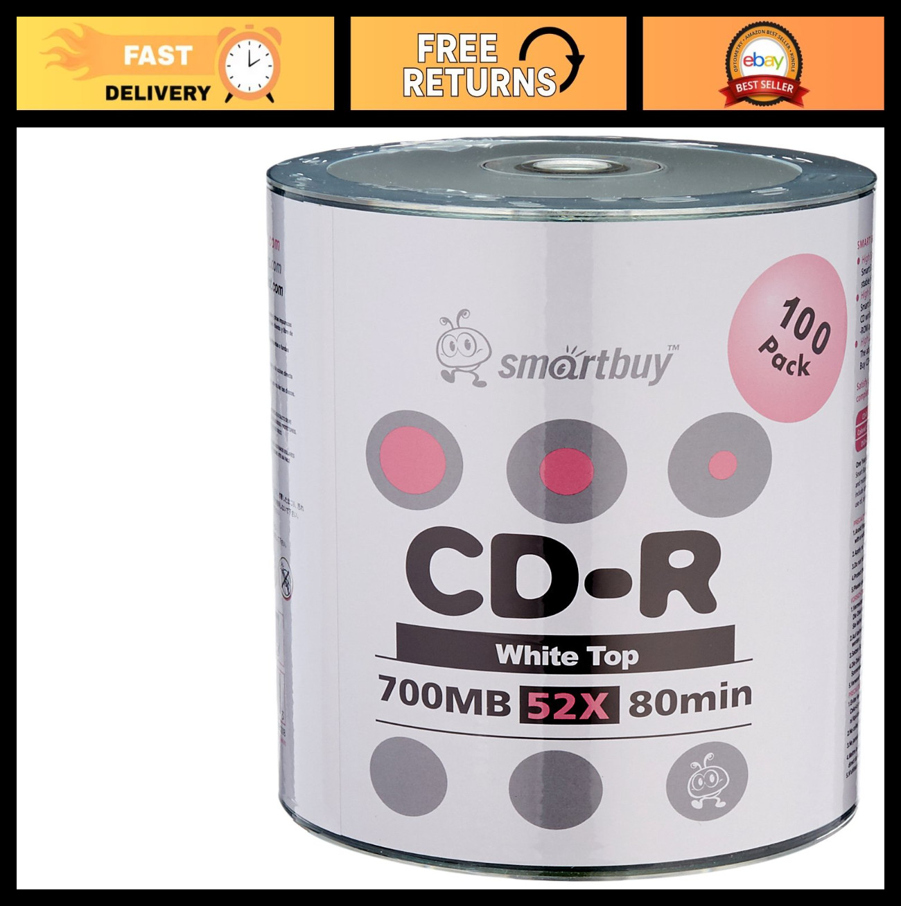 100-Pack 700MB CD-R Blank Discs - 52X Speed, Full White Surface, Writable, Data