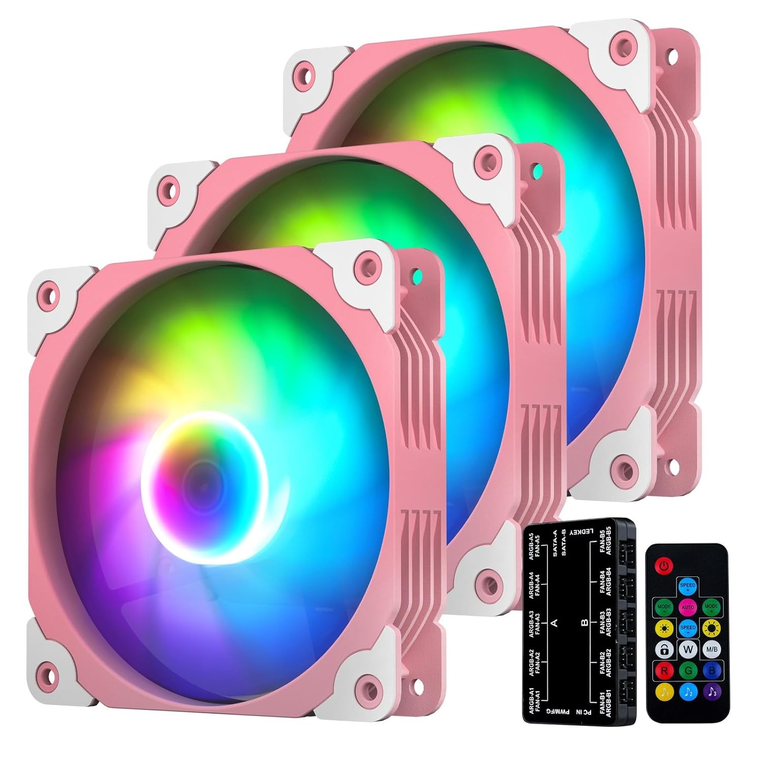 Vetroo 3-Pack Computer Case Fan 120mm ARGB & PWM Fans w/ Controller Hub - Pink