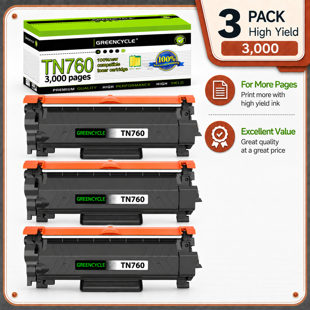 GREENCYCLE 3PK TN760 Toner Replacement for Brother HL-L2390DW HL-L2325DW
