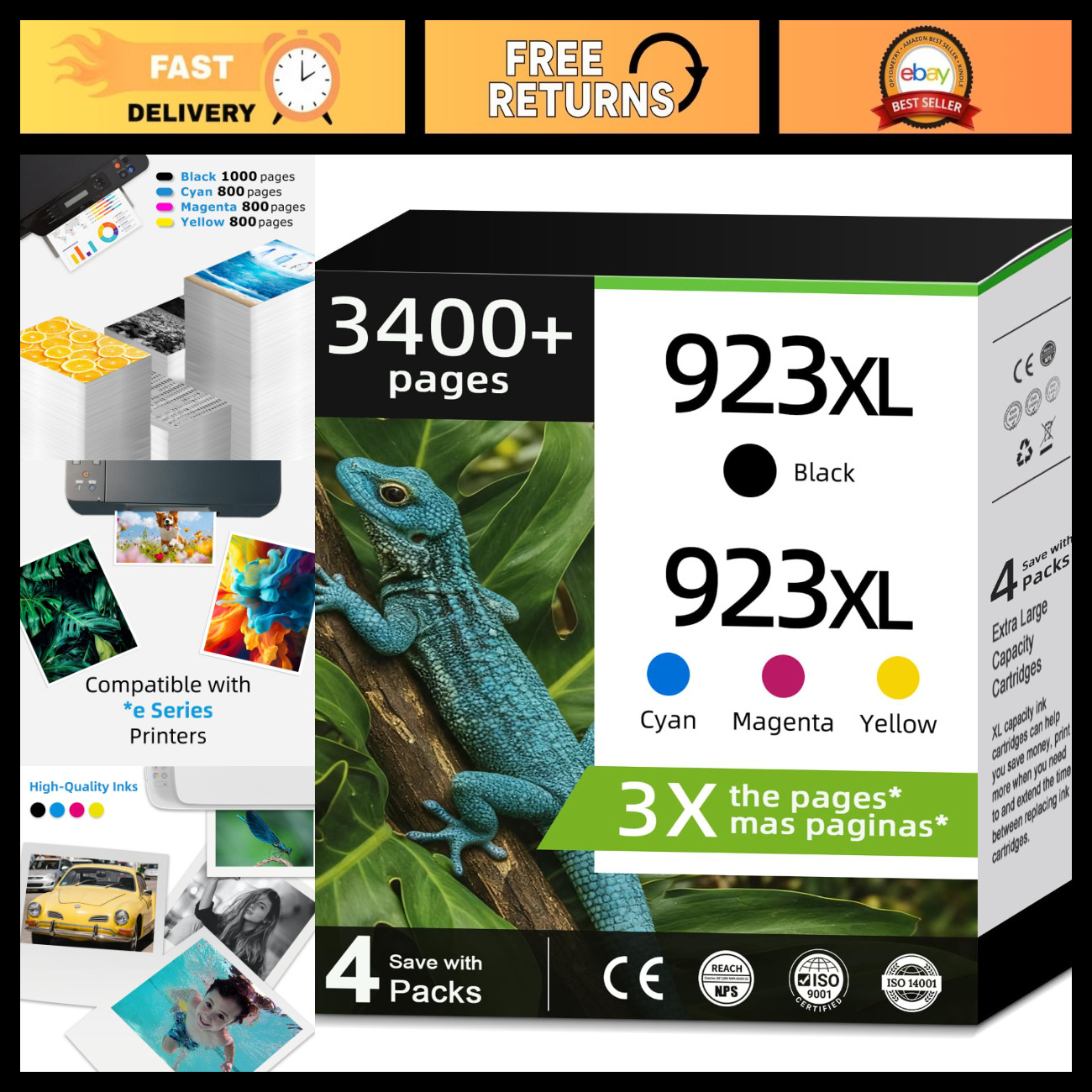 High-Capacity 923XL Ink Cartridges - Black & Color for HP Printers 8125e 8138e 8