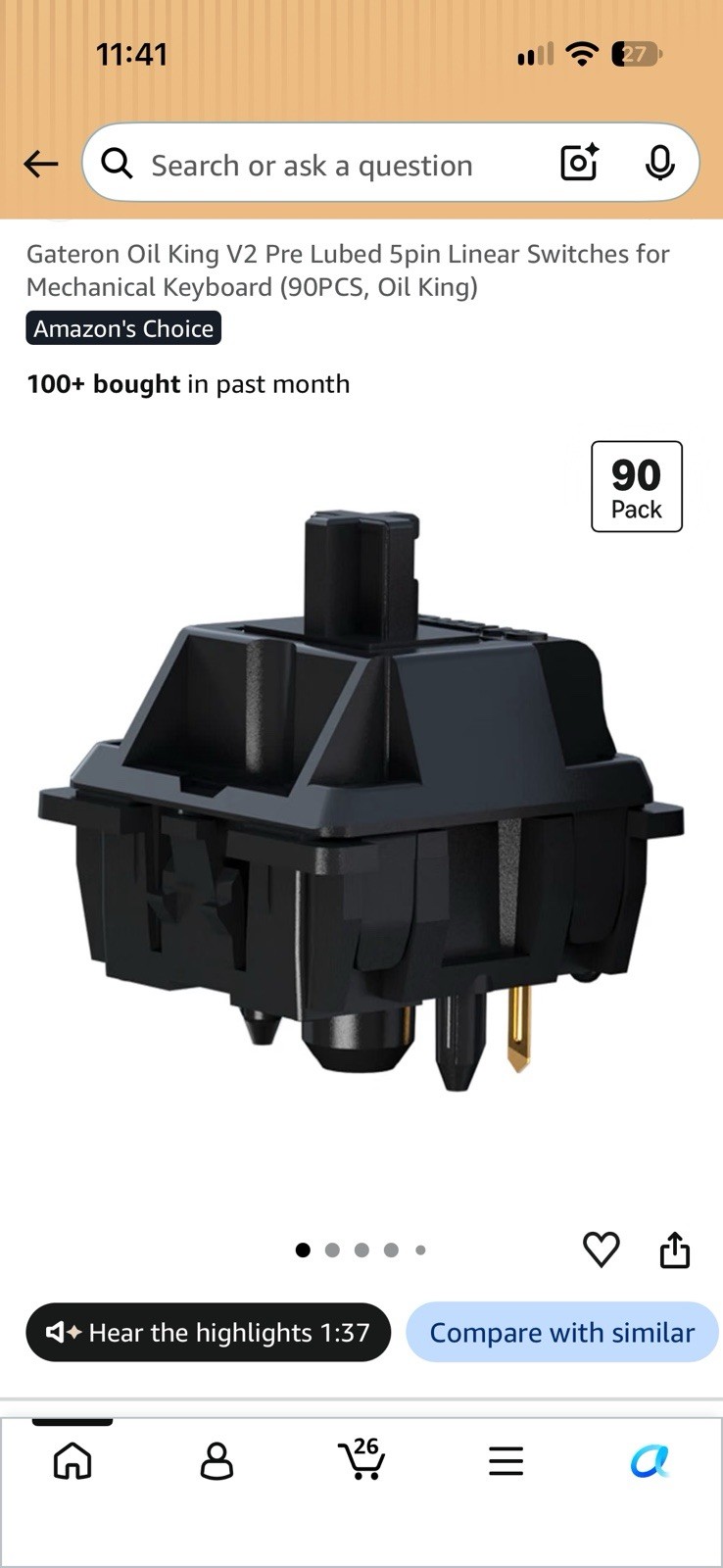 Gateron Oil King V2 Pre Lubed 5pin Linear Switches for Mechanical Keyboard 90PCS