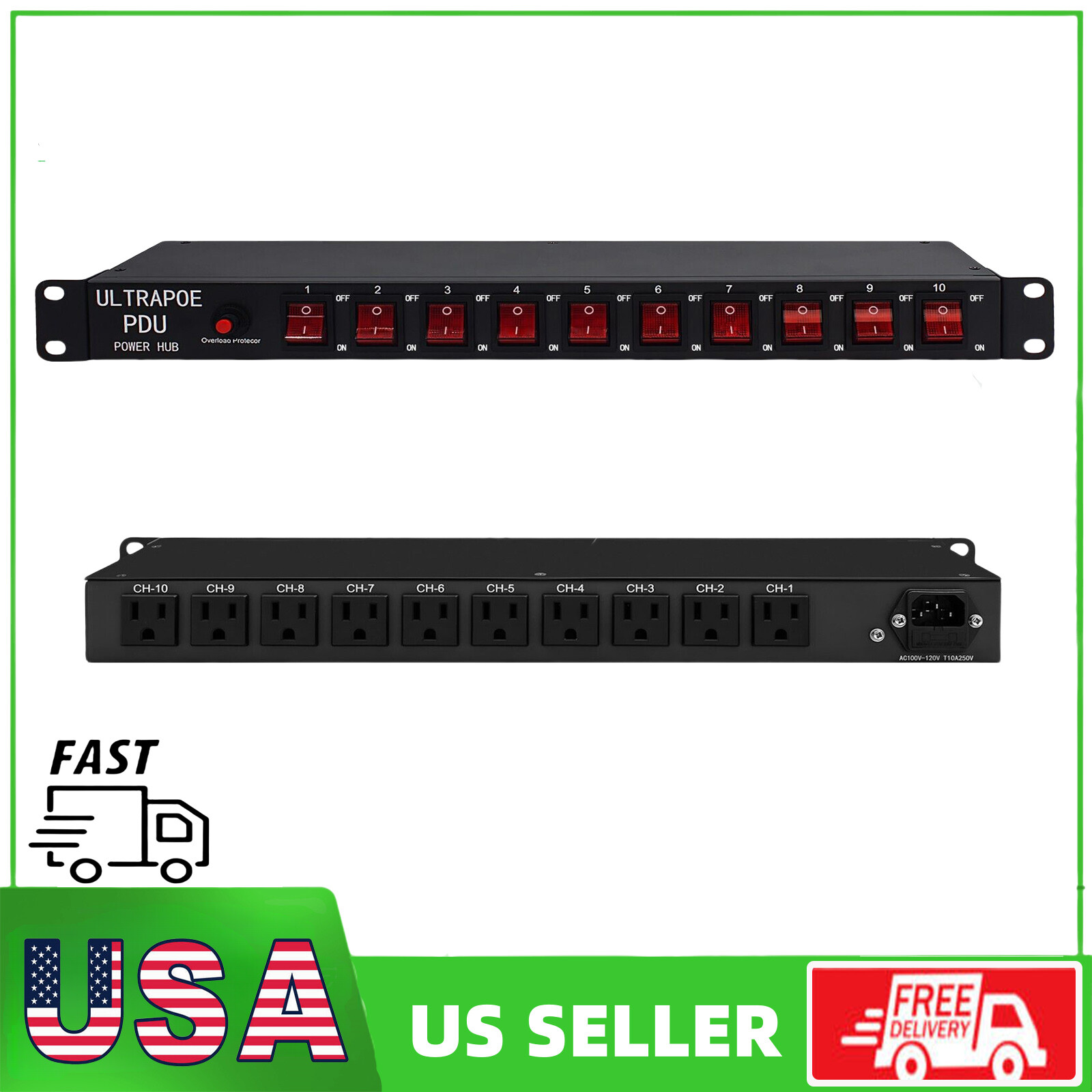 10 Outlets 1U PDU Rack Mount Power Strip-Network Server Racks - Surge Protector