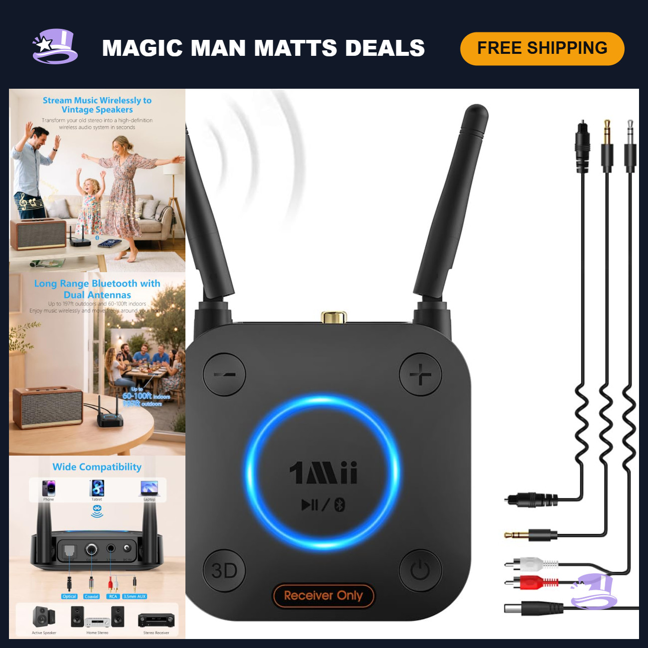 Long Range Bluetooth 5.3 Receiver, HiFi Wireless Audio Adapter, aptX HD, 3D Surr