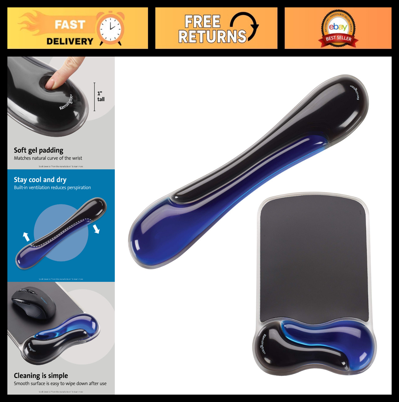 Ergonomic Duo Gel Mouse & Keyboard Wrist Rest Set, Cooling Gel, Non-Skid Backing