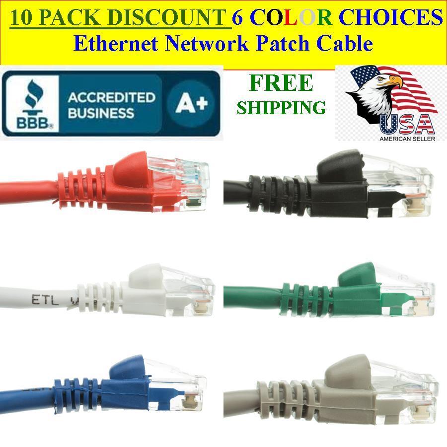 10 PACK 3 Ft Cat5e Ethernet Network Computer Patch Cable for PC, XBOX, PS3, PS4