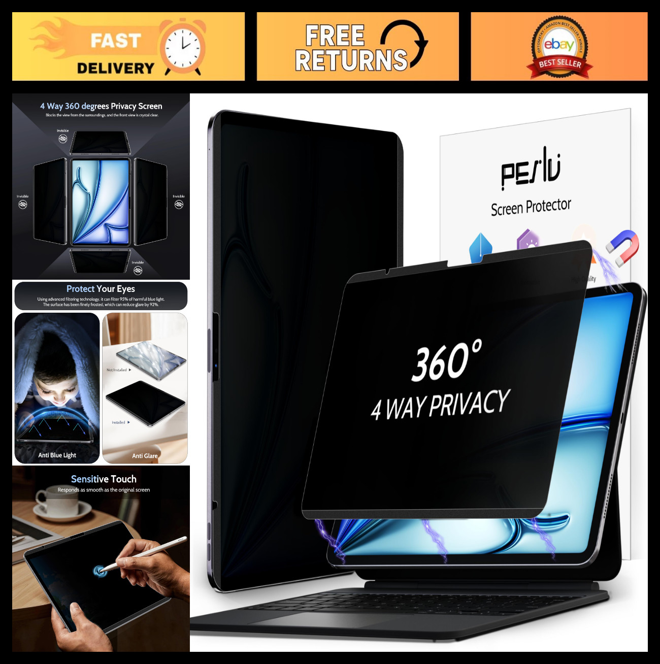 4-Way Magnetic Privacy Screen for iPad Air 13" (2024-2026) - Removable Anti-Glar