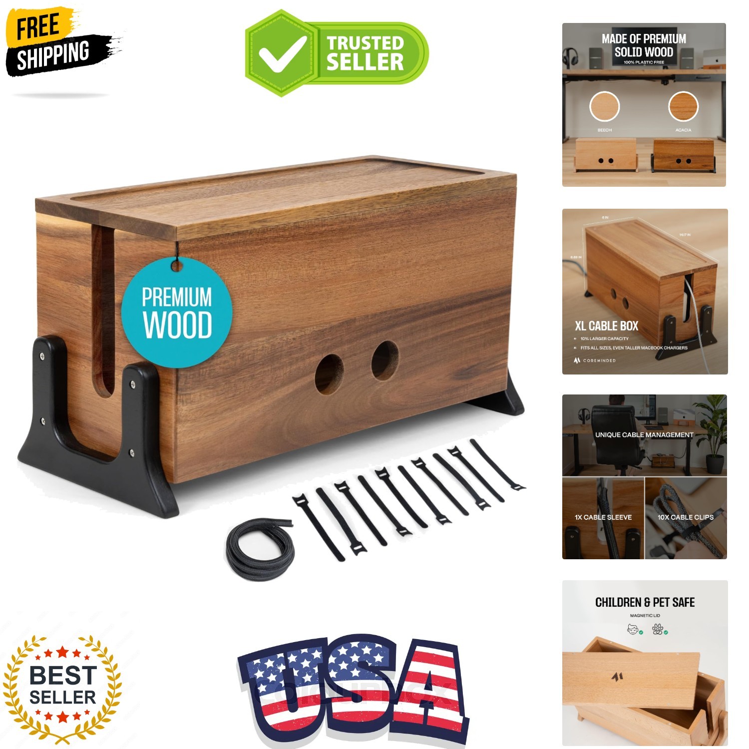 Extra Large Cable Management Box, Wood Cord Hider Box & Organizer for Power S...