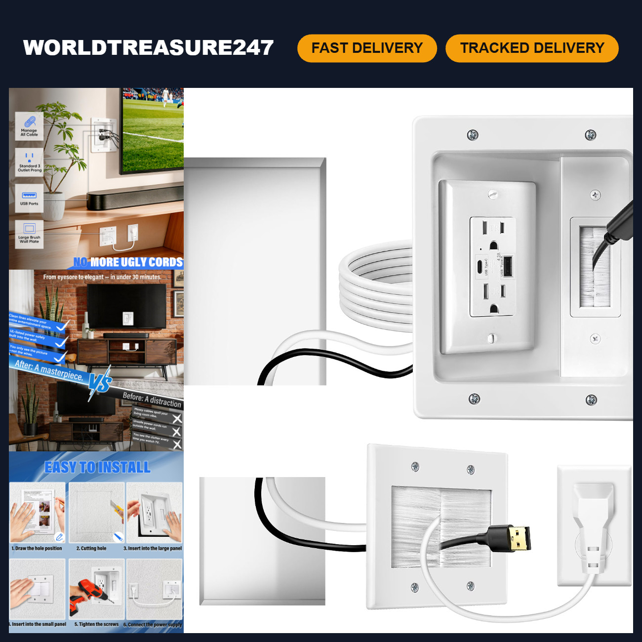 In-Wall Cable Management Kit, AC & USB-A/USB-C Outlet, 9ft Power Cord, Easy Inst