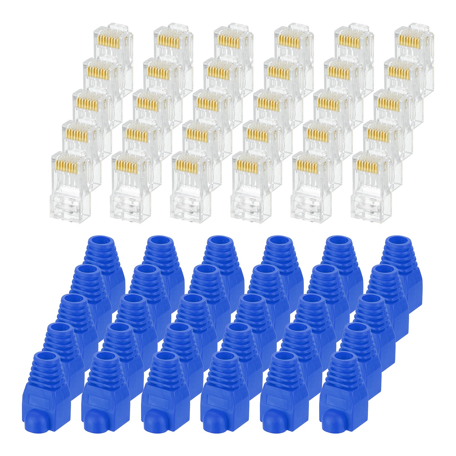 30pcs Cat6 RJ45 Pass Through Connectors with 30pcs Blue Strain Relief Boots