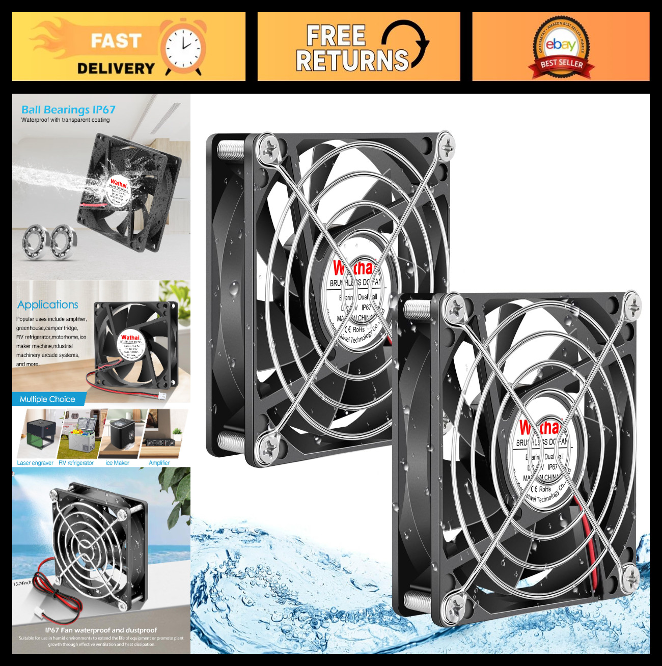 IP67 Waterproof 80mm 12V Cooling Fan for RV Fridge Exhaust - Dual Ball High Spee