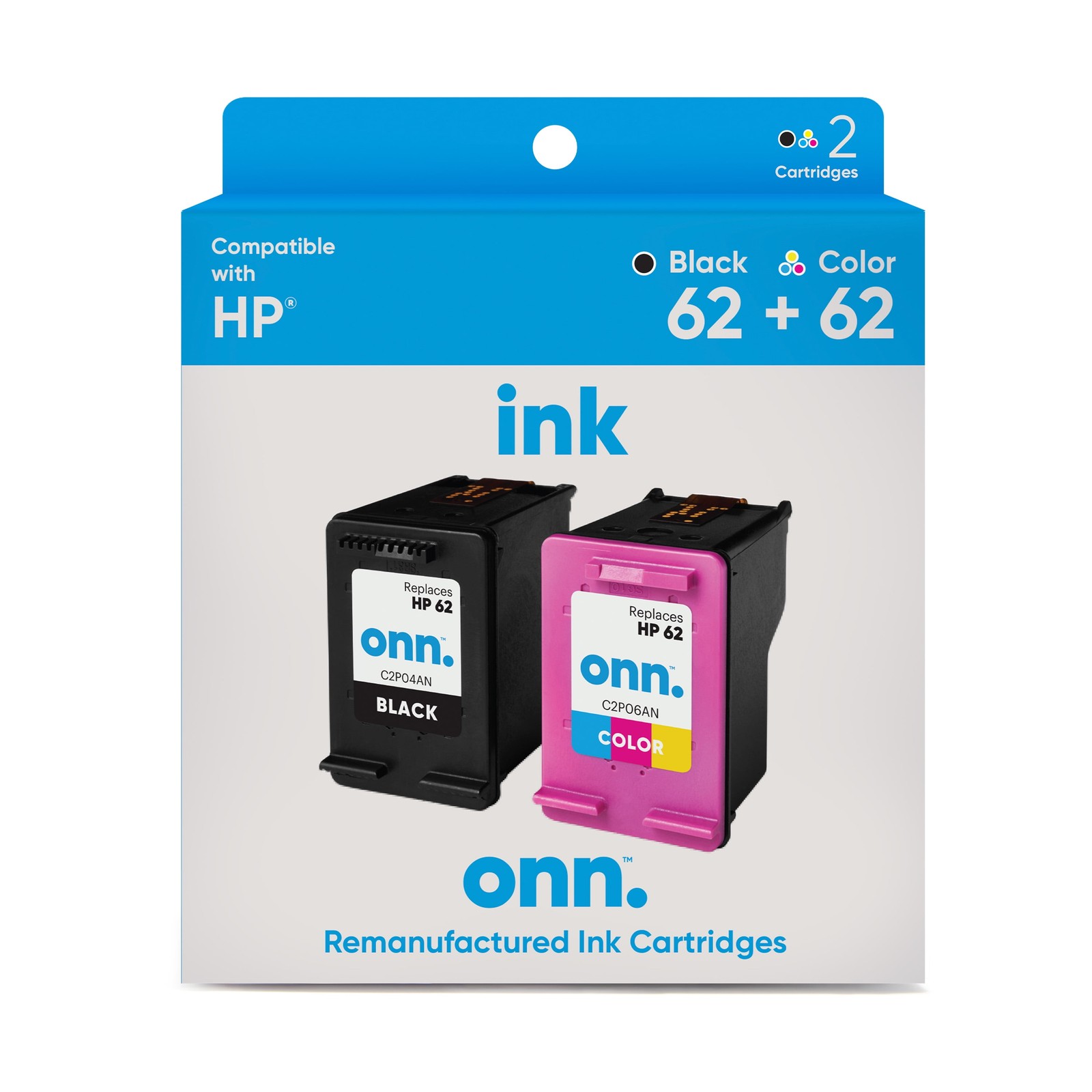 onn. Re-manufactured Ink Cartridges for HP 62 Black Tri-Color 2 Pack