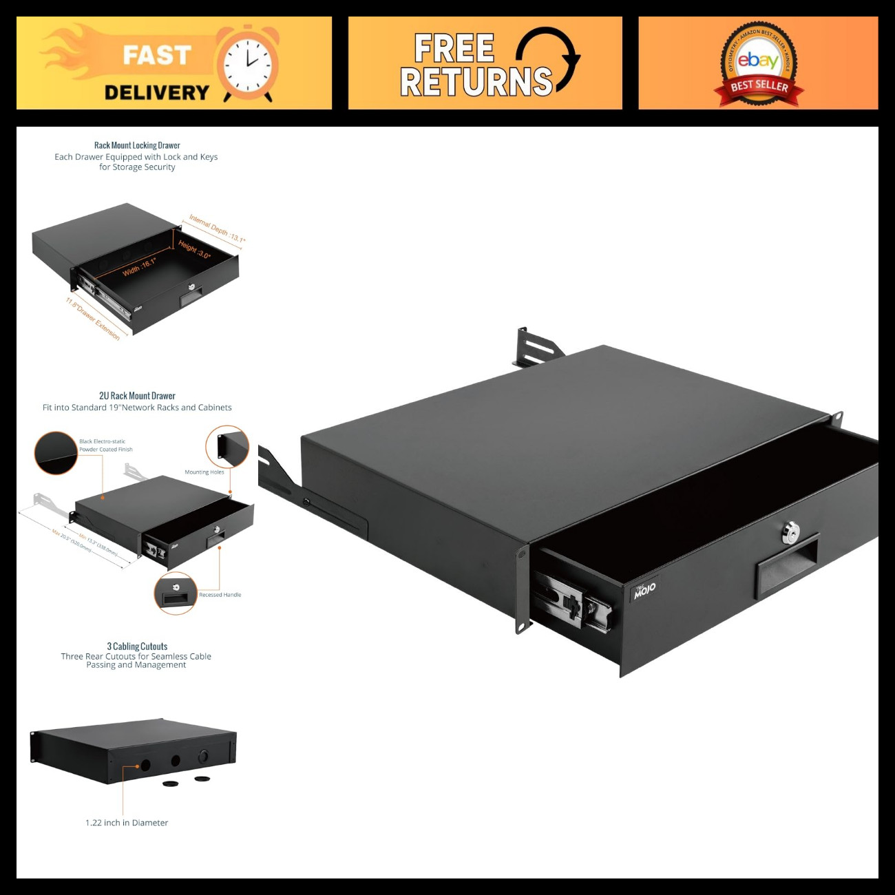 Sliding Lockable 2U Rack Drawer for 19" Server AV Equipment - 44lb Load Capacity