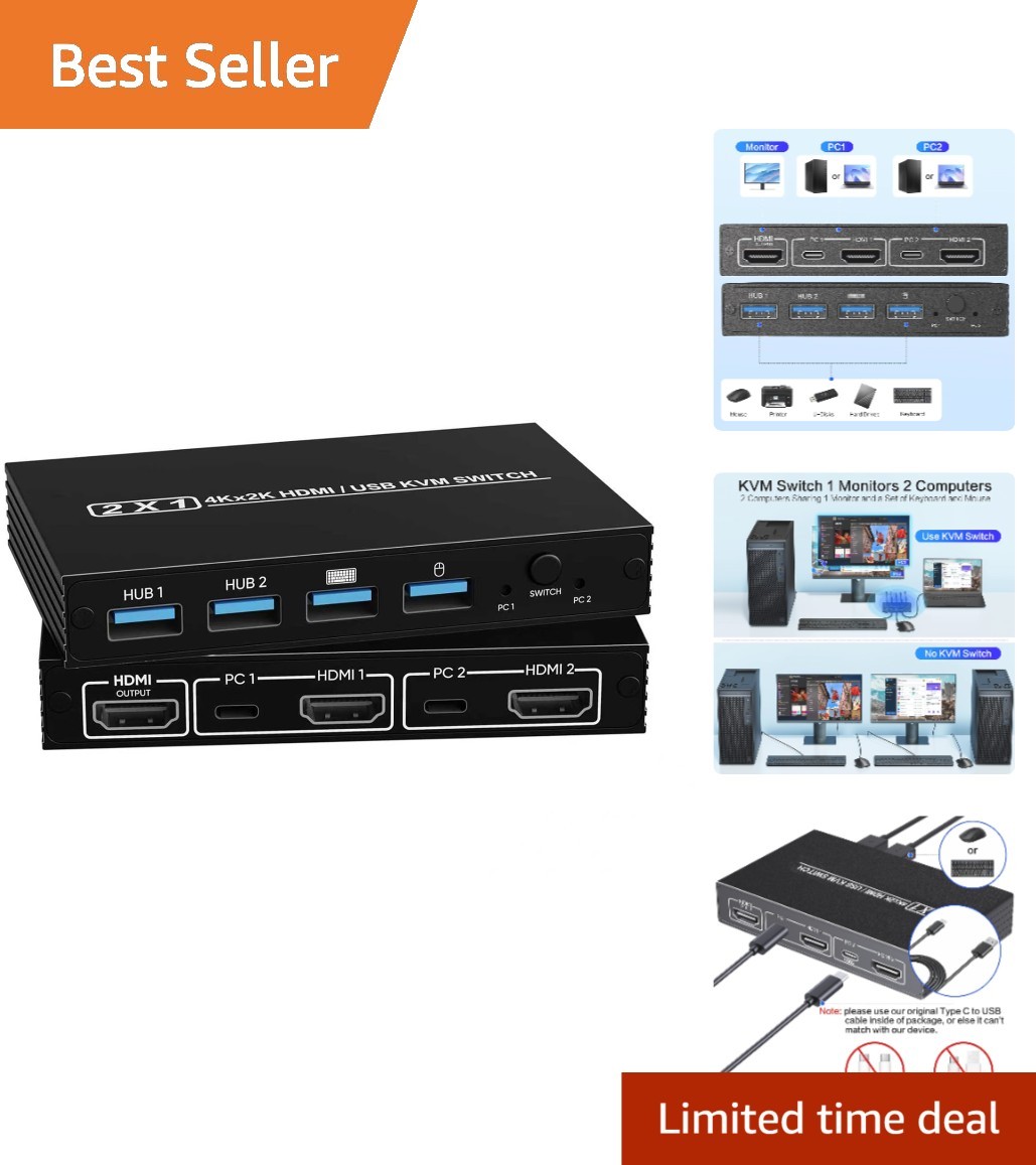 Ultra HD 4K KVM Switch 2 PCs with USB 3.0 Ports - Seamless Connectivity