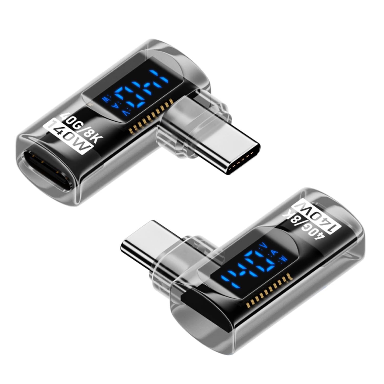 2 Pack 90 Degree USB C Adapter with Digital Display Transparent Type C Coupler