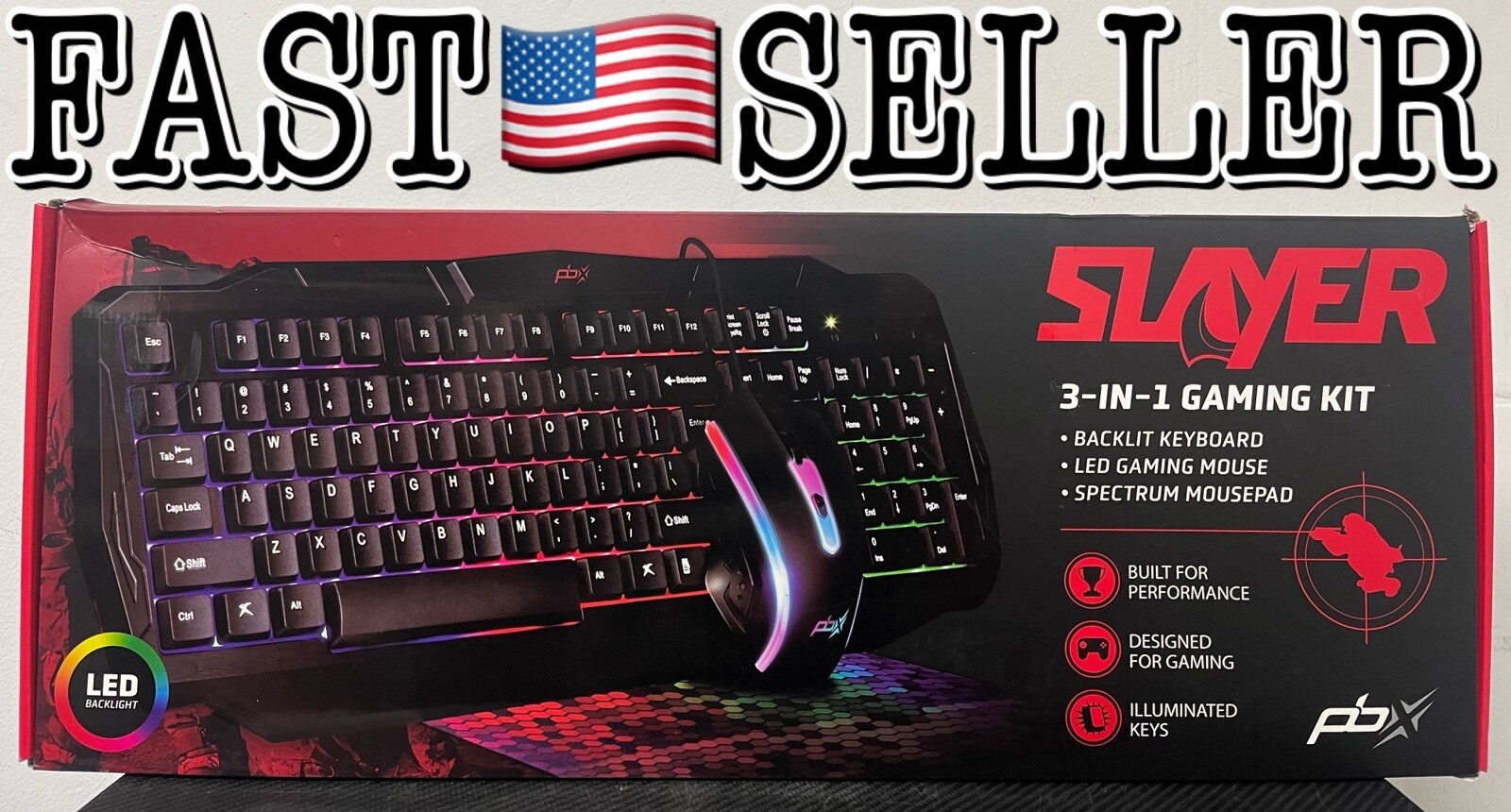 PBX Slayer 3-in-1 Gaming Kit Backlit Keyboard, LED Gaming Mouse, Spectrum Pad