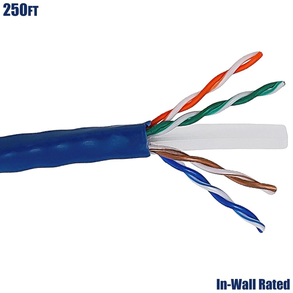 250FT Cat6 Network LAN Ethernet UTP Cable In Wall Stranded Copper Bulk Wire Blue