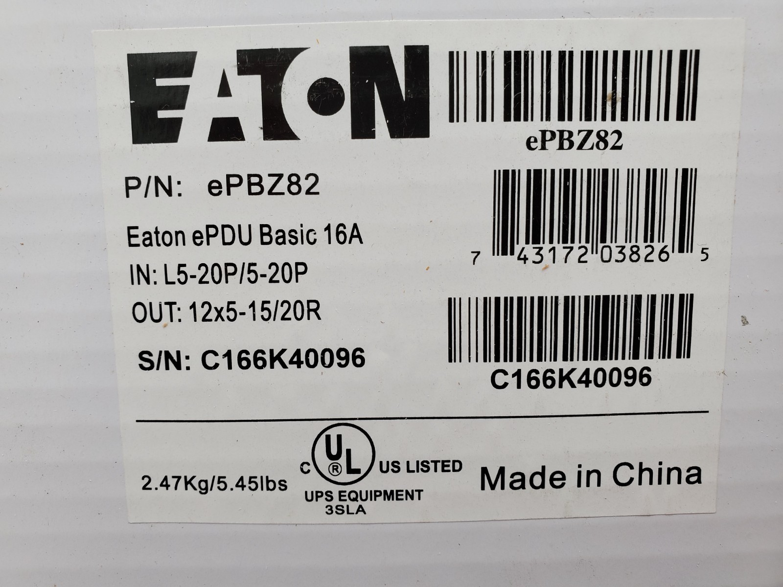 Eaton EPBZ82 Basic Rack PDU 1U, L5-20P Input, 1.92 KW Max, 100-120V, 15 Cord