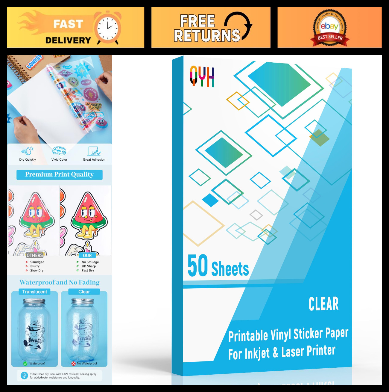 Clear Printable Vinyl Sticker Paper - 50 Sheets, Waterproof, Self-Adhesive, Craf