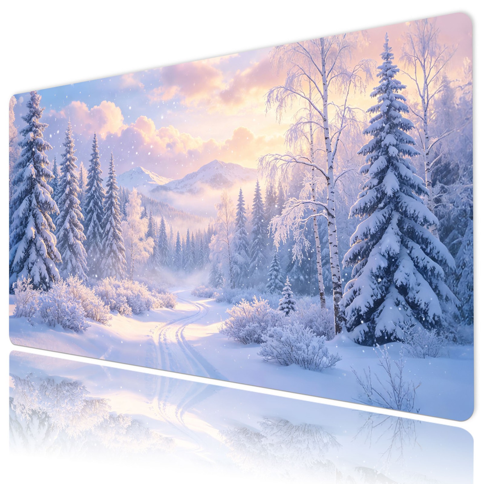 Pink Cloud Snow Forest Winter Christmas Desk Mat for Keyboard and Mouse Desk Pad