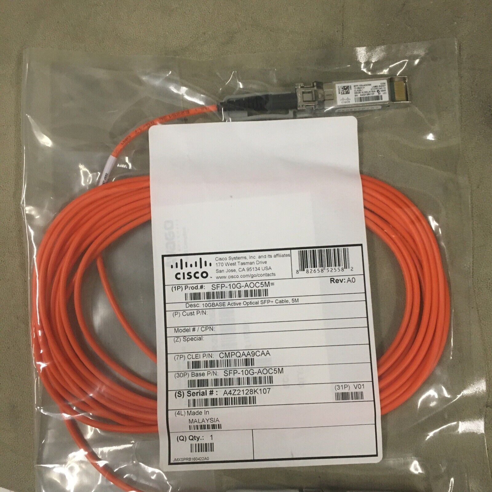 NEW SEALED GENUINE CISCO SFP-10G-AOC5M - 10GBASE Active Optical Cable 5M