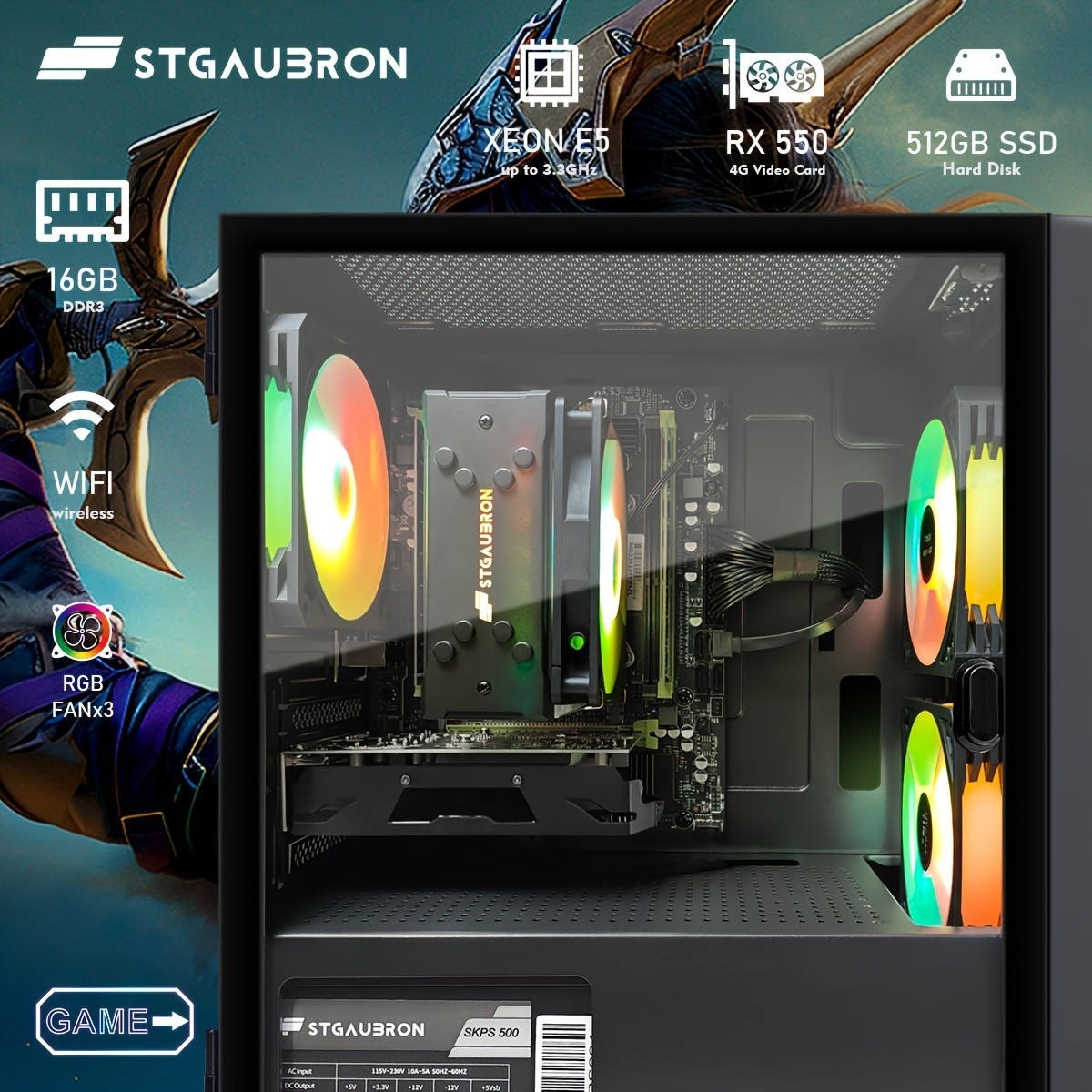 STGAubron Gaming PC Desktop Computer i7 RX550 16GB RAM 512GB SSD WiFi BT W11H