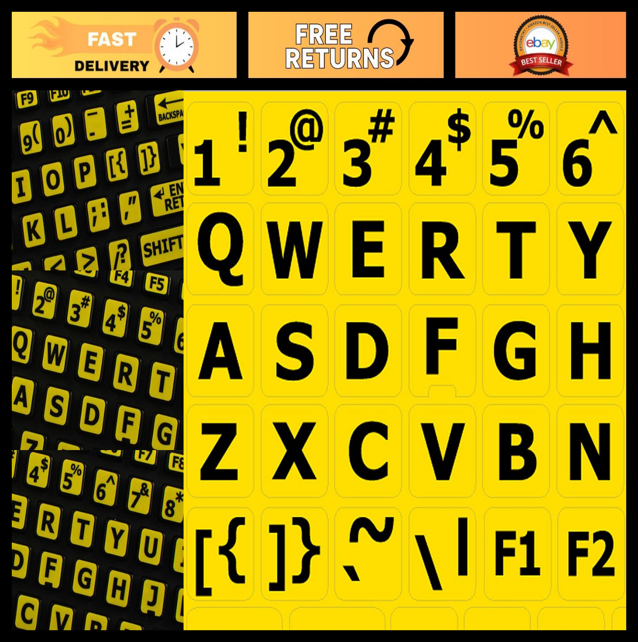 Large Lettering Keyboard Stickers - Yellow Upper Case for Desktop, Laptop, Noteb