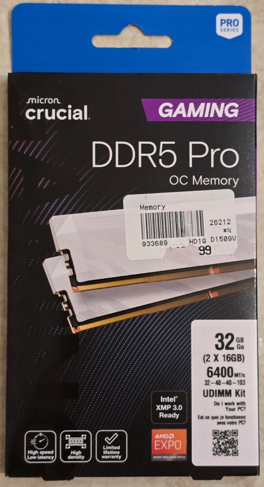 NEW Crucial Pro OC 32GB (2 x 16GB) DDR5-6400 PC5-51200 CL32 Memory Kit White
