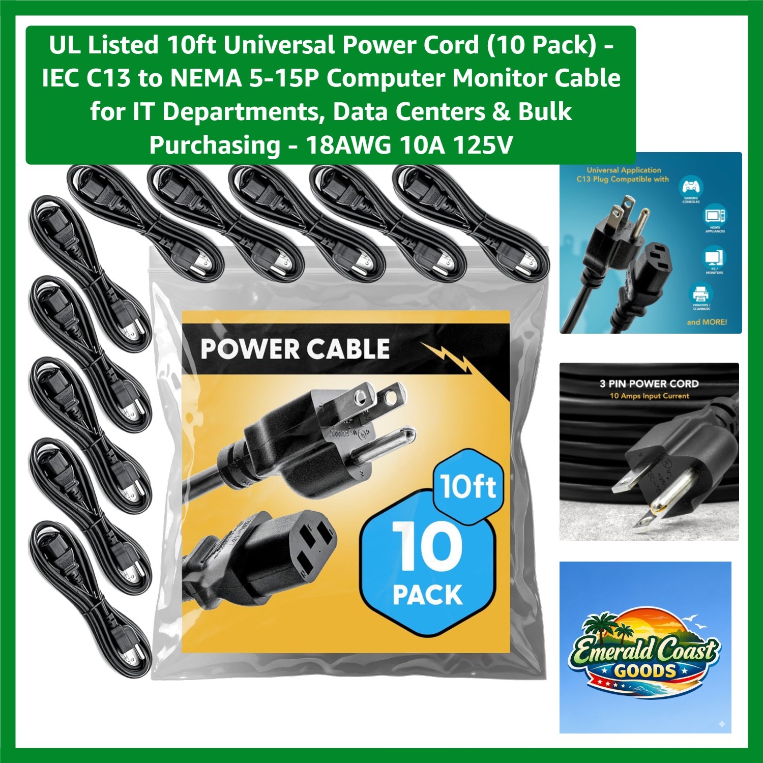 Bulk 10 Pack 10ft IEC C13 Power Cable -  Listed for Institutions & Enterprises