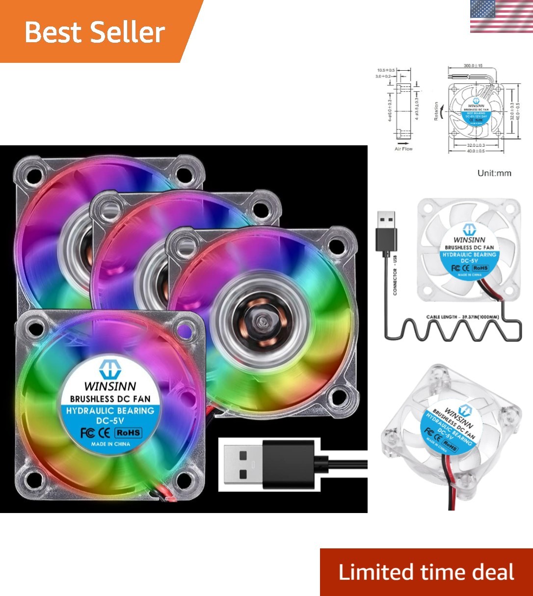 40mm RGB USB Fan 5V, LED Colorful 3D Printer Micro 5 Volt Fans 4010 Hydraulic...