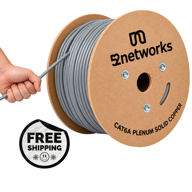 52networks Cat6A Plenum Solid Copper 1000ft 23AWG 750MHz 10Gbps UTP Cable Gray