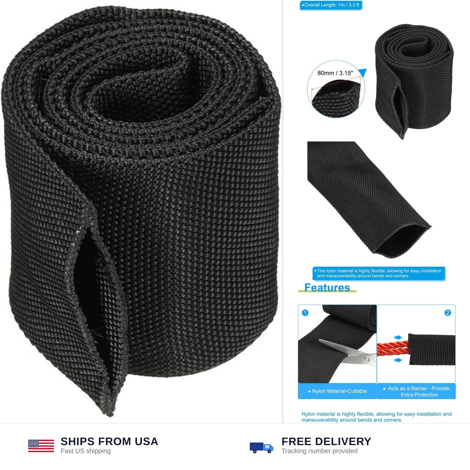 Nylon Protective Hose Sleeve Cable Cover 2 Inch Diameter 3.3 Feet Black