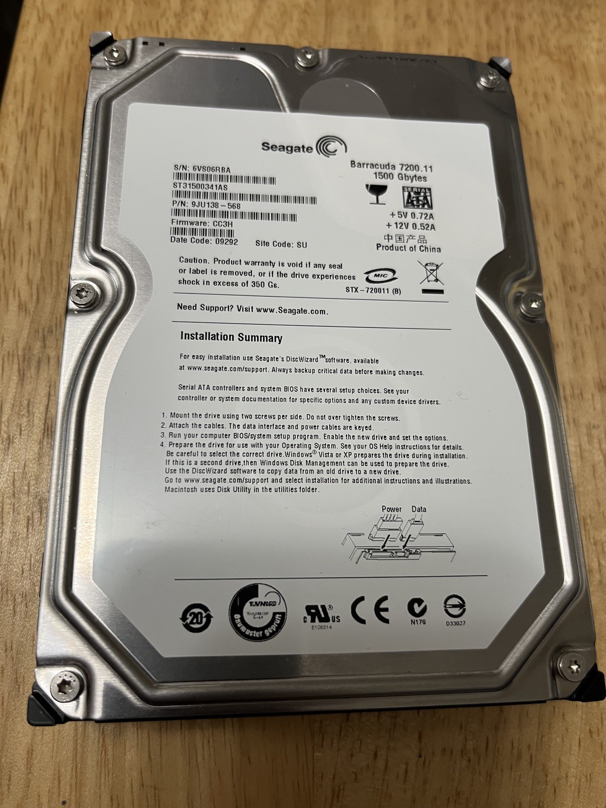 SEAGATE ST31500341AS 1.5TB 7.2K RPM  32MB CACHE 3Gb/s SATA 3.5" HDD