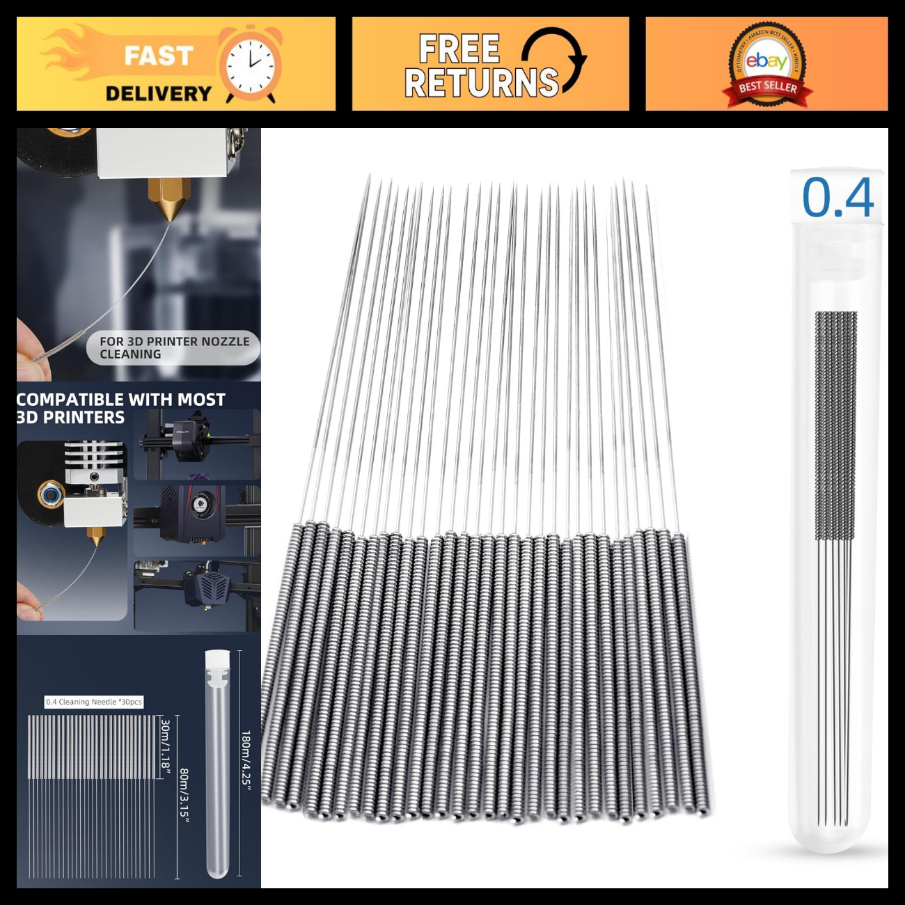 3D Printer Nozzle Cleaning Kit - 30 Pcs 0.4mm Nozzle Cleaners for Smooth Printin