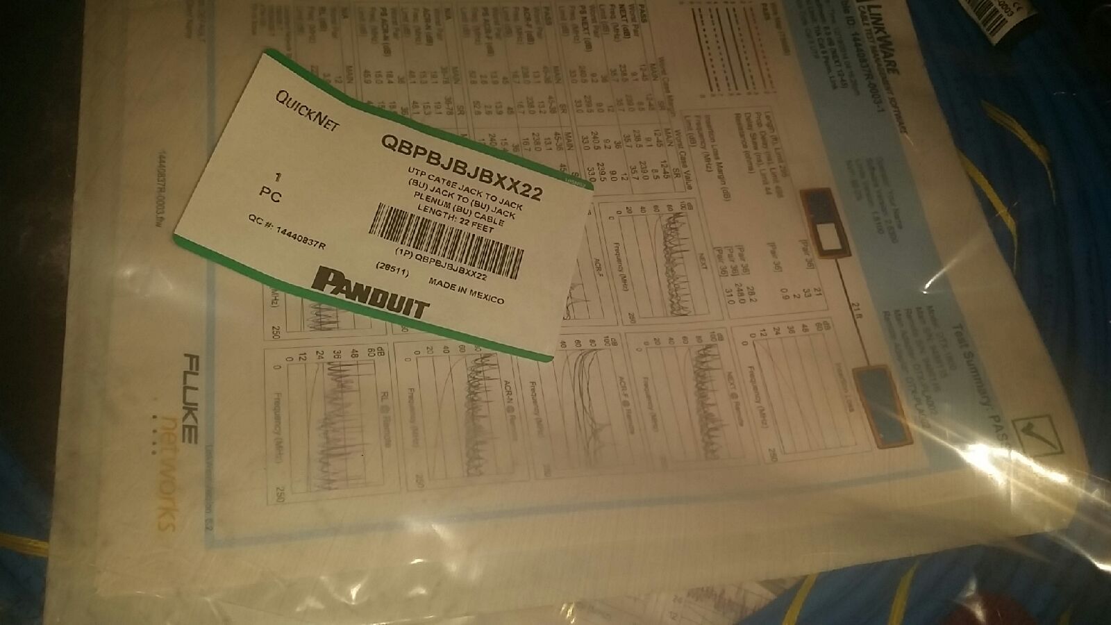 CAT6E PANDUIT CABLE   22 FEET (BU) JACK TO (BU) JACK PLENUM BU CABLE