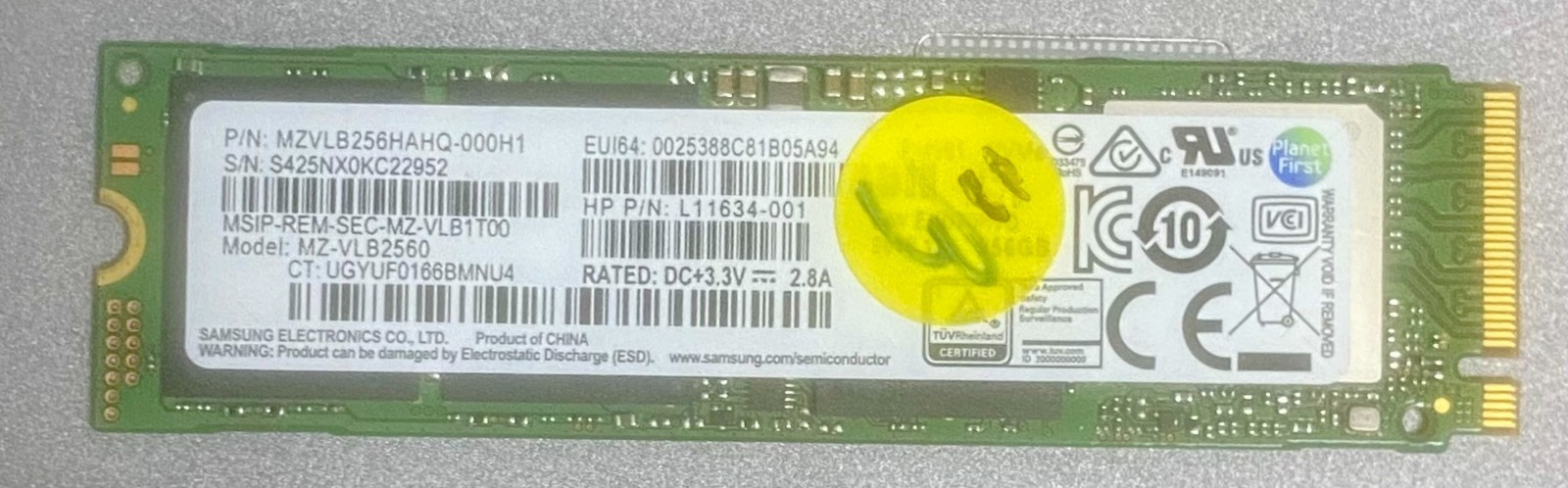 SAMSUNG PM981 256GB M.2 NVMe PCIe 3.0 x4 SSD MZ-VLB2560 HP L11634-001
