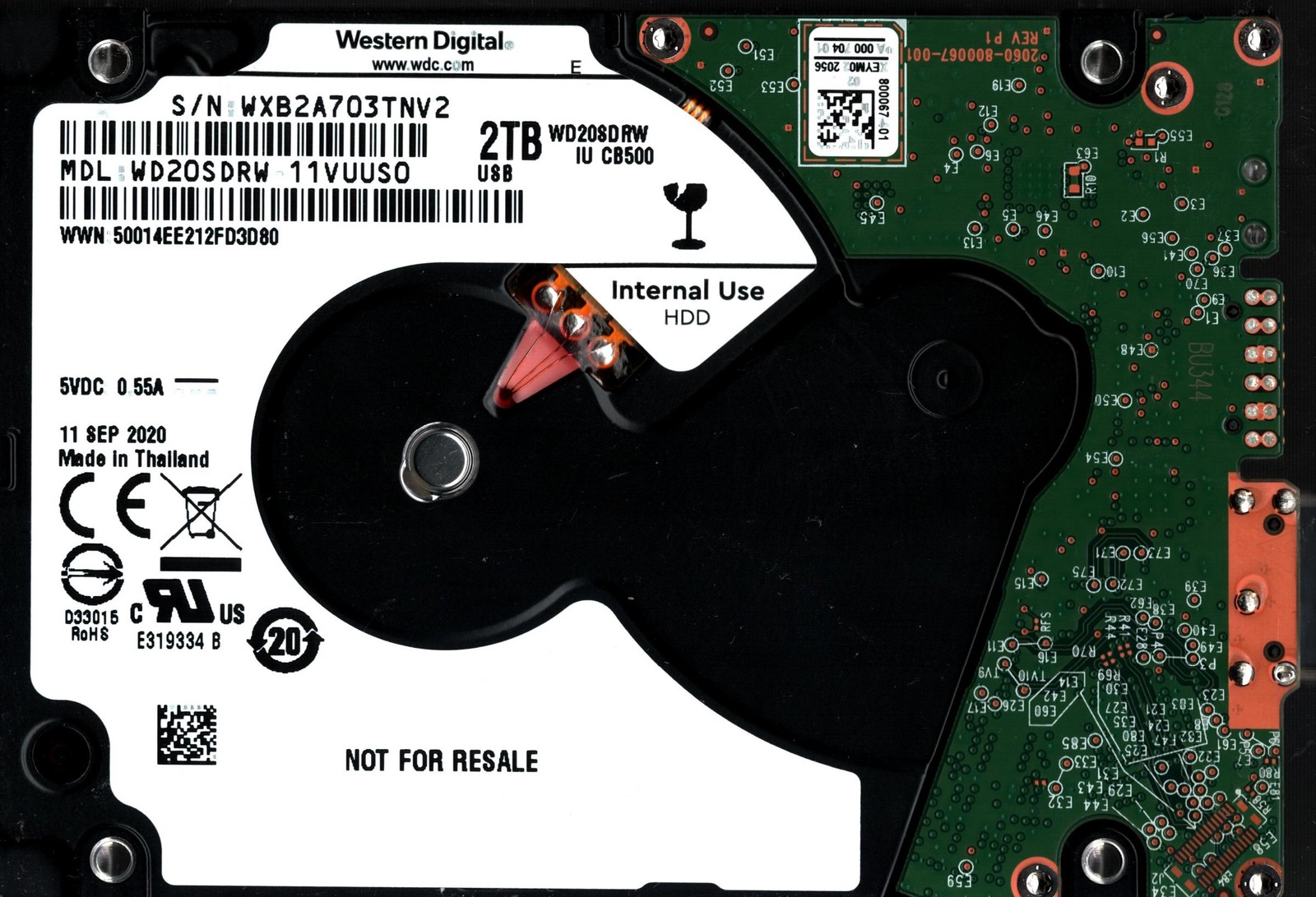 WD20SDRW-11VUUS0 S/N: WXB2A WESTERN DIGITAL 2TB THAILAND SEP 2020